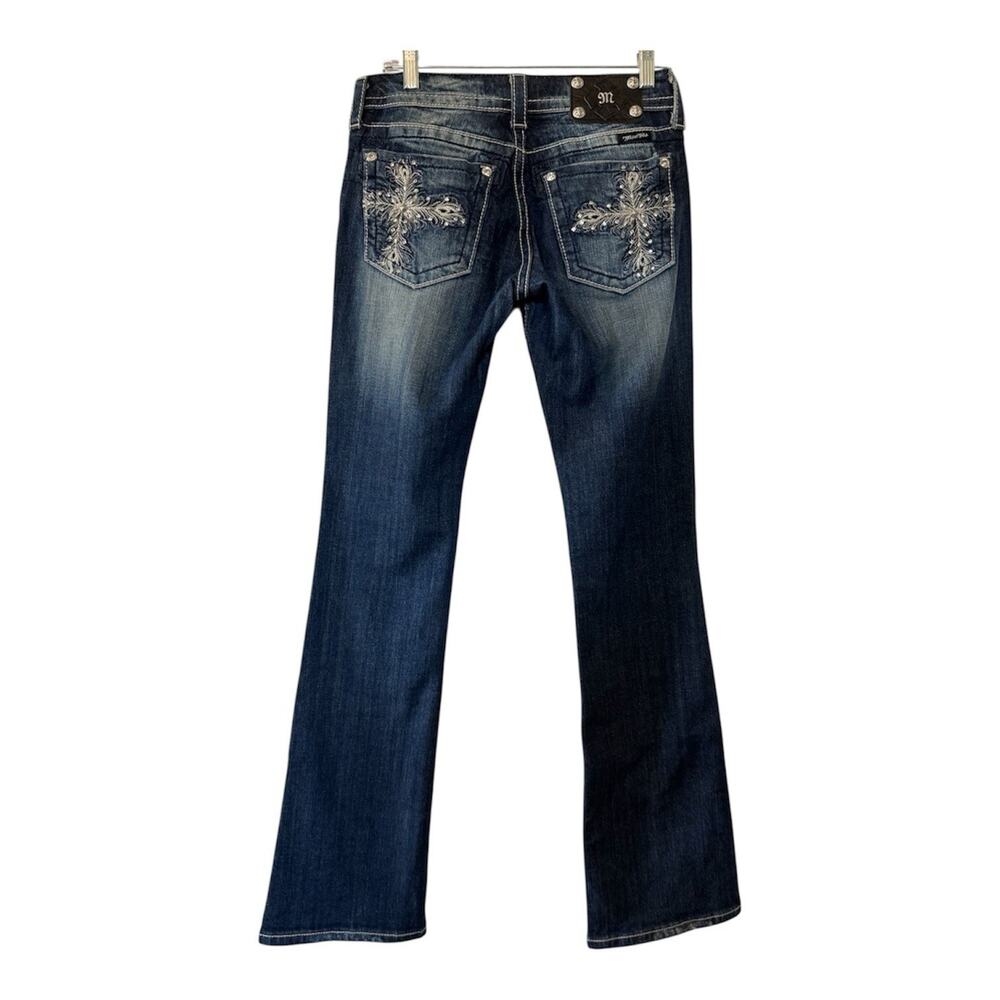 Miss Me Women's 27 Mid Rise Bootcut Jeans Embellished Cross Pocket Dark Wash